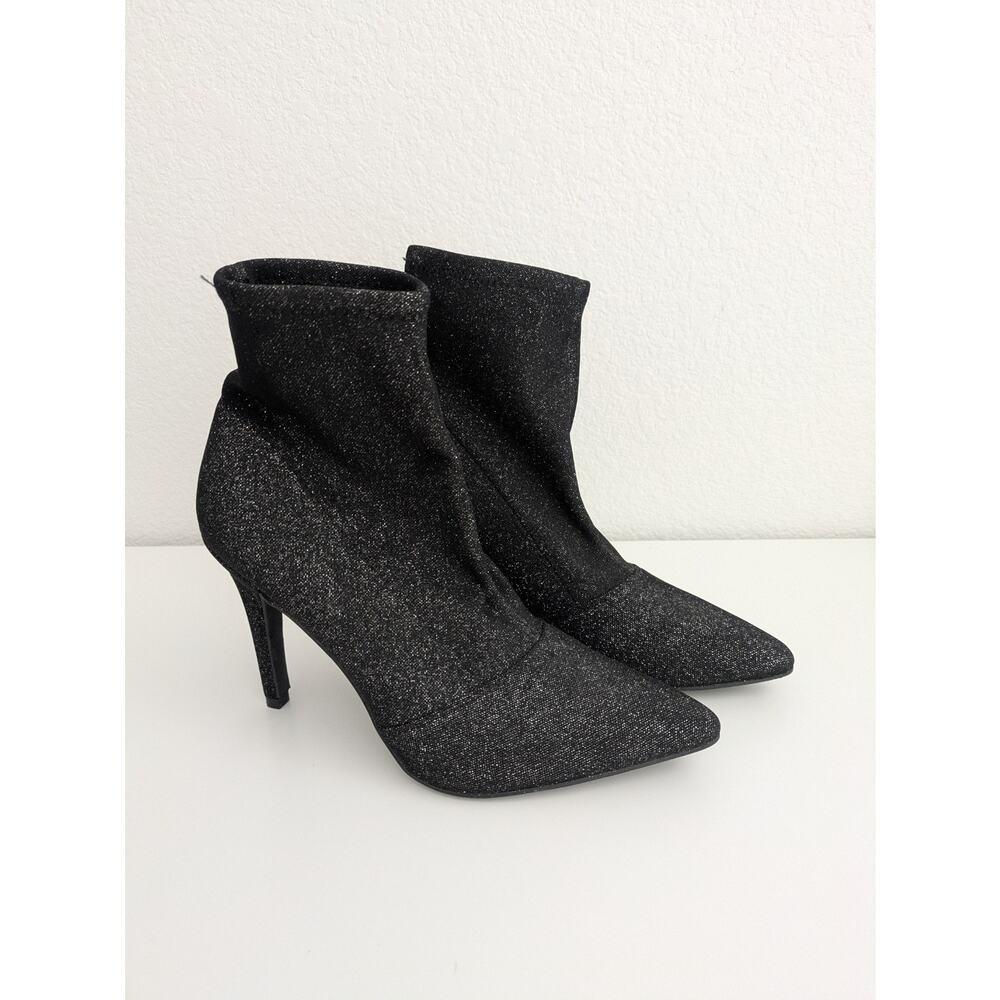 BRASH Black Ankle Boots Womens Size 7 Silver SPARKLE 4in High Heel Pointed Toe